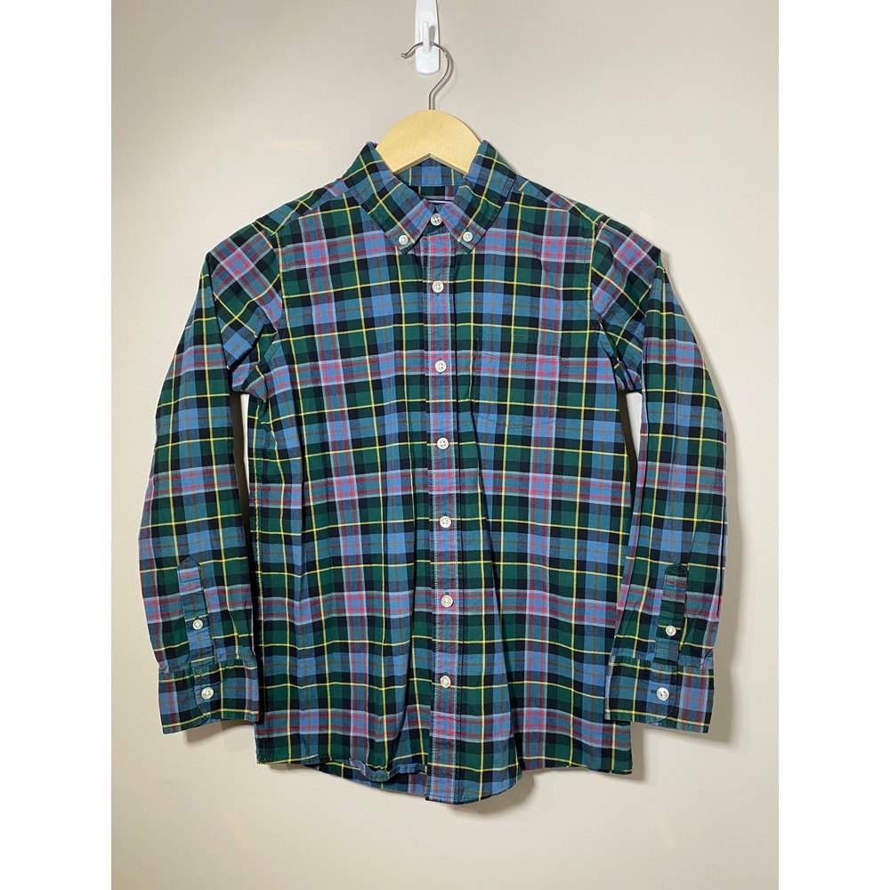 Lands End Boy Plaid Button Down Shirt Long Sleeve Cotton Blue Green Size M 10-12